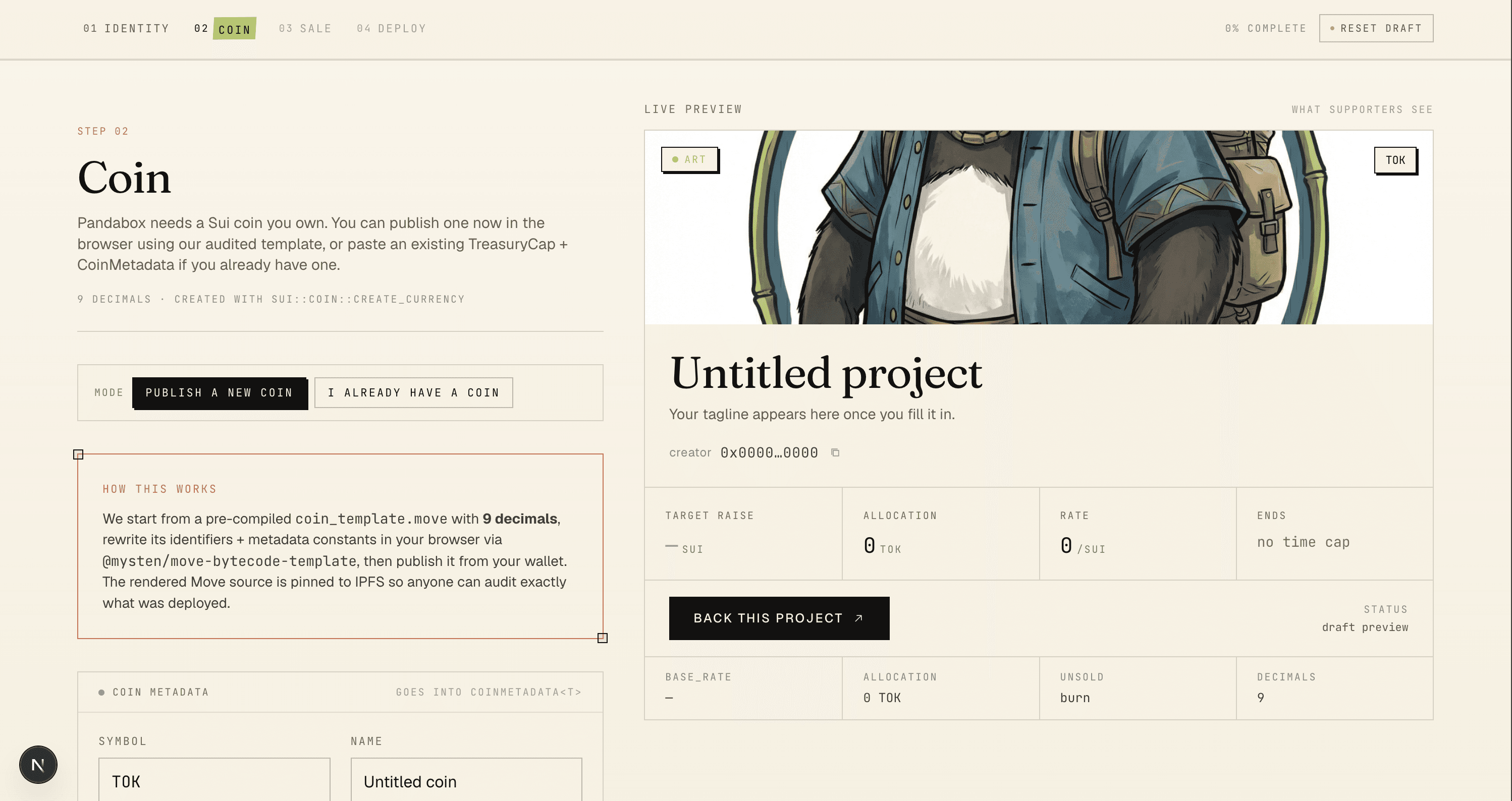 Step 02 of the create wizard — connect or publish a Sui coin.