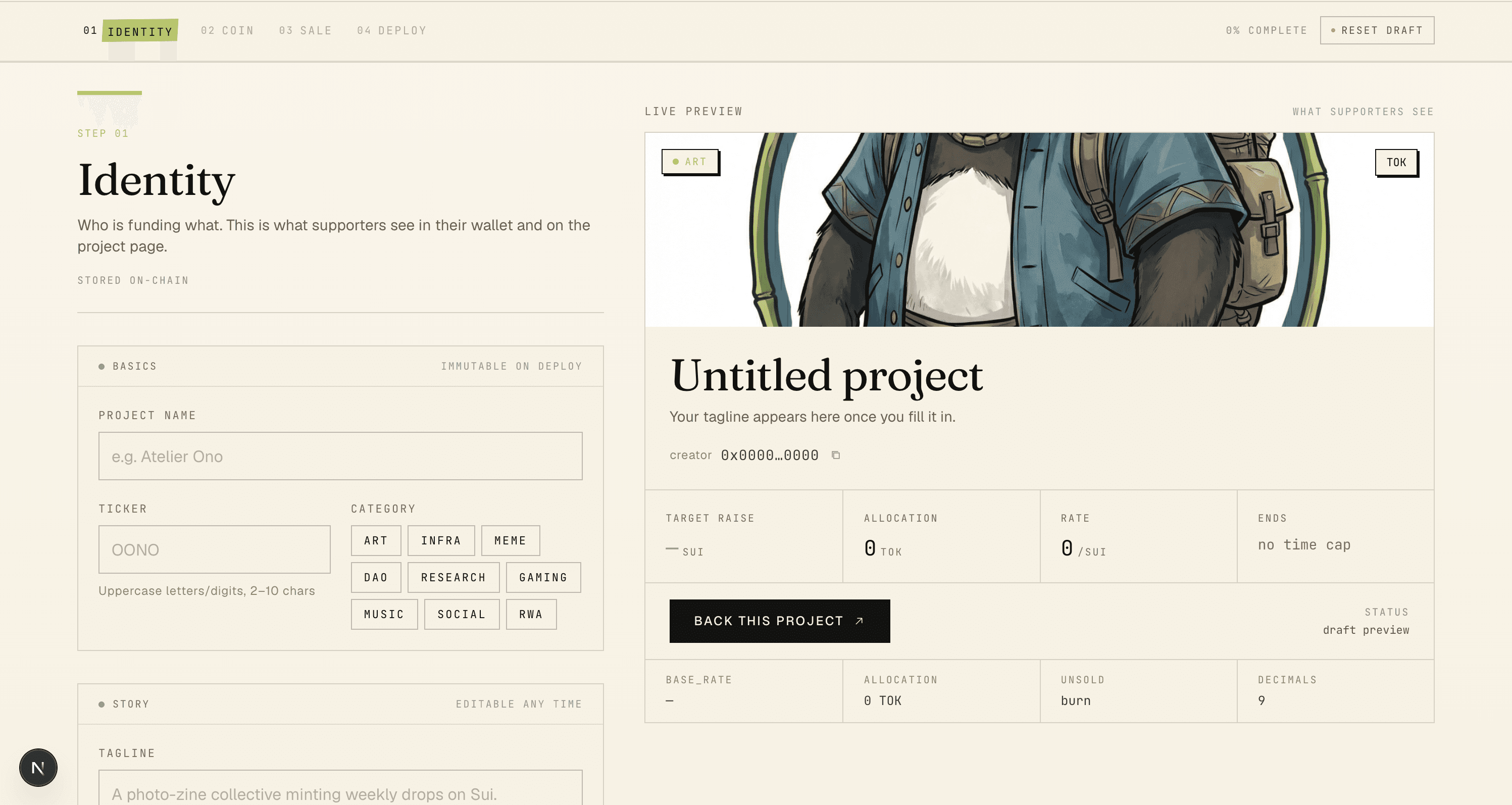 Step 01 of the create wizard — identity fields next to a live project-page preview.